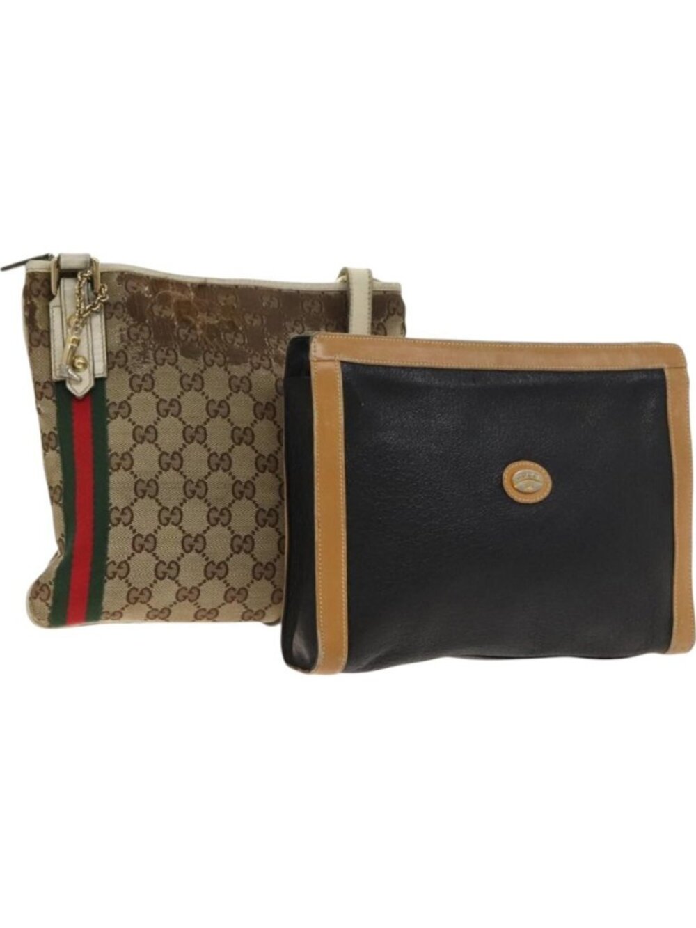GUCCI GG Canvas Web Sherry Line Bag Leather 2 Set Beige Black